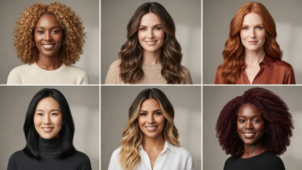 Hair color ideas featuring honey blonde, chocolate brunette, copper auburn, soft black, bronde balayage, and burgundy