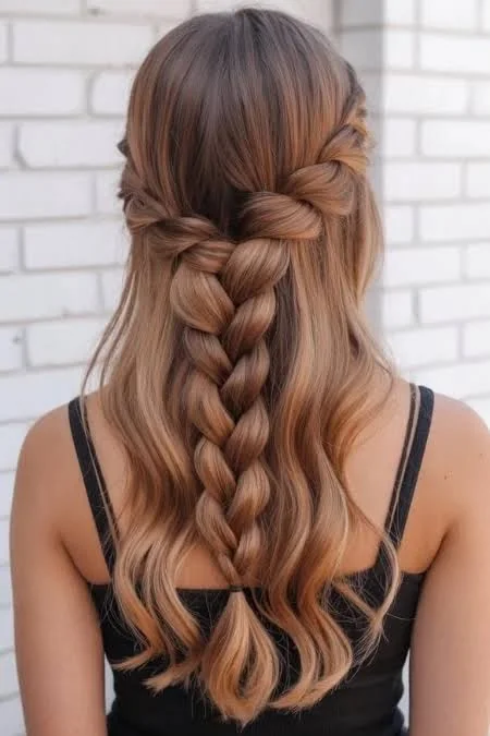 Hairstyles for long hair with a refined braid and flowing length for an elegant event look