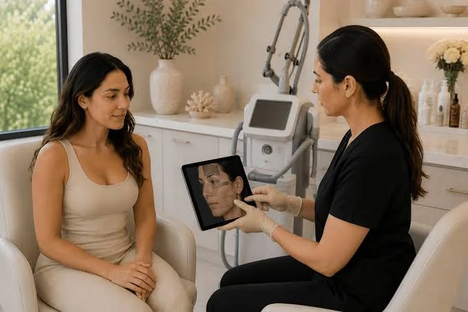 laser hair removal consultation between a dermatologist and patient discussing treatment goals