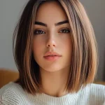Light brown hair shown in a sleek shoulder length bob with a clean center part and polished finish