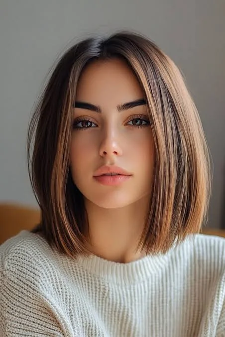 Light brown hair shown in a sleek shoulder length bob with a clean center part and polished finish