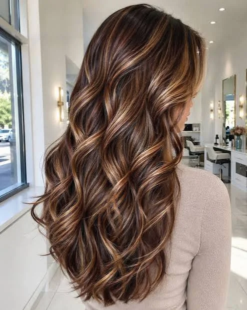 Light brown hair with long loose curls showing dimensional highlights and a glossy everyday finish