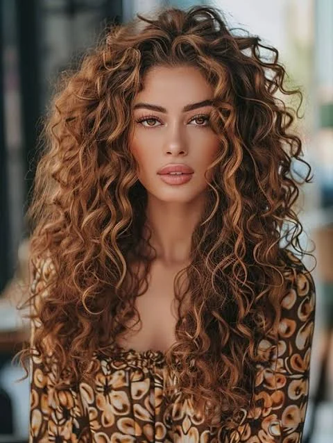  Light brown hair with defined voluminous curls and subtle golden dimension around the face